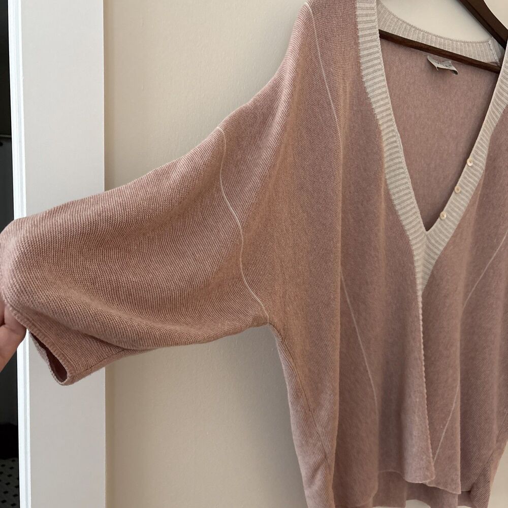 Wrap London Organic Cotton PInk & Cream Low V-neck Sweater Dolman Sleeves 12 - Picture 2 of 7